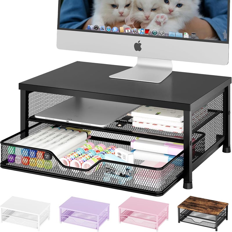 OPNICE Computer Monitor Stand Riser, Desk Organizer with Drawer, Laptop Stand, Office Desk Accessories & Workspace Desktop Organizers Storage for Office Supplies(Black) - Image 1